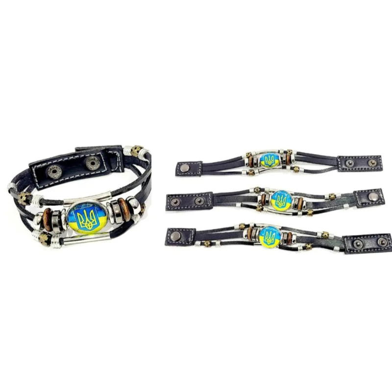 Брослет шкіряний з тризубом жовто-блакитного кольору